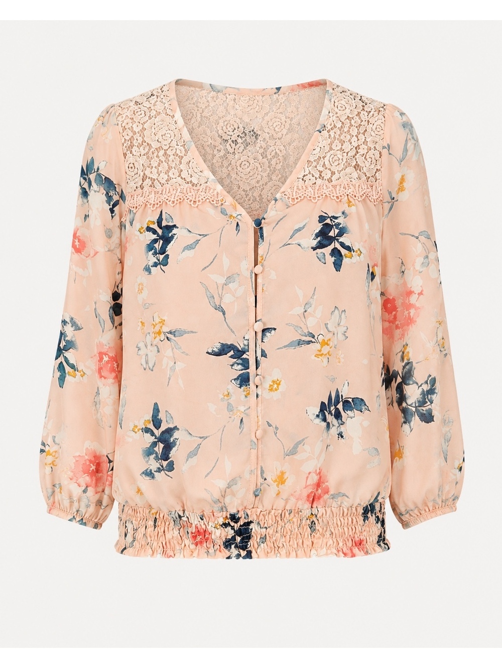 MINE Blush Floral Lace Yoke Smocked Hem Blouse Size Small